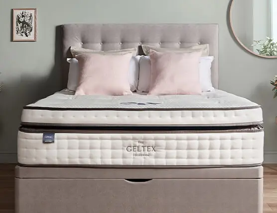 Divan bed with geltex mattress, headboard, cusions and pillows