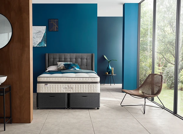 geltex mattress on divan, in blue bedroom 