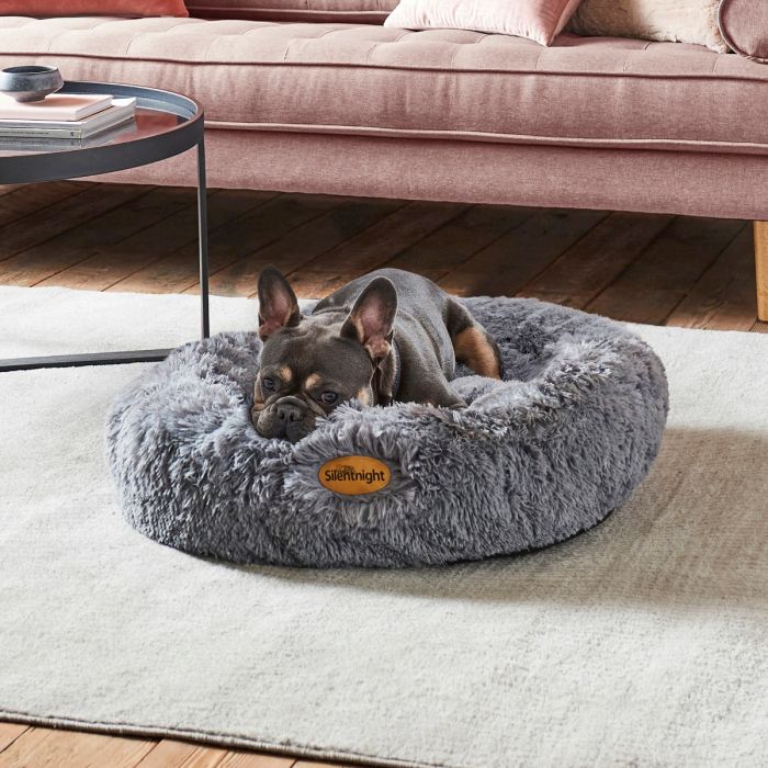 A dog lay on a Grey Silentnight Calming Donut Pet Bed in a living room