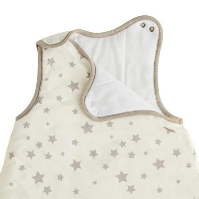 An unbuttoned Silentnight Safe Nights Stars Baby Sleep Bag with grey stars