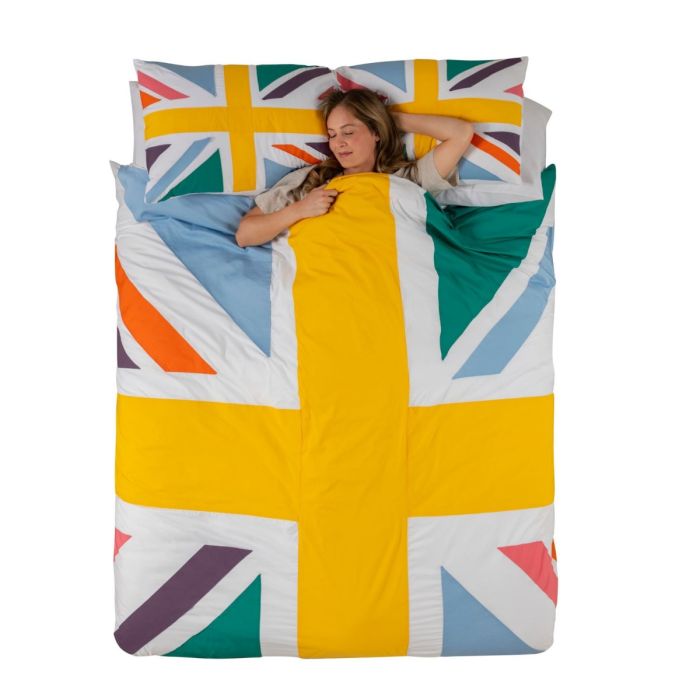 person sleeping in a union jack duvet cover set